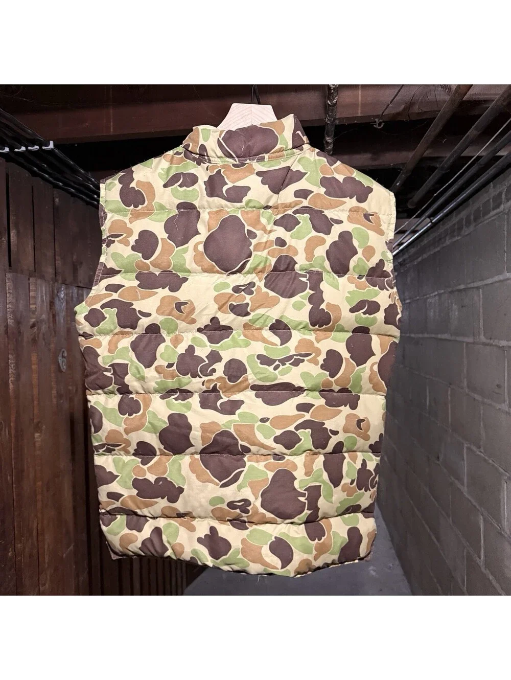 Vintage Stearns Puffer Vest Mens L Brown Green Duck Camo Goose Down Fill Rare